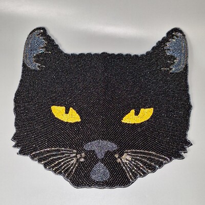 Pier 1 Imports Black Cat Glass Beaded Placemat Halloween Spooky Yellow Eyes-image