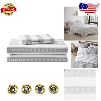 Oeko-Tex Certified King Cotton Flannel Sheets - Cozy Snowflake Fair Isle Design-image