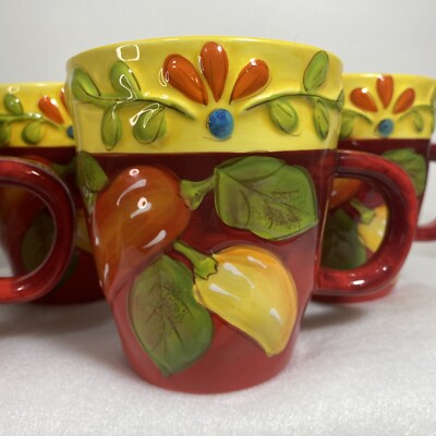 Set of 4 Pier 1 Imports Flores Chili Pepper Mugs Handpainted Earthenware Red-image