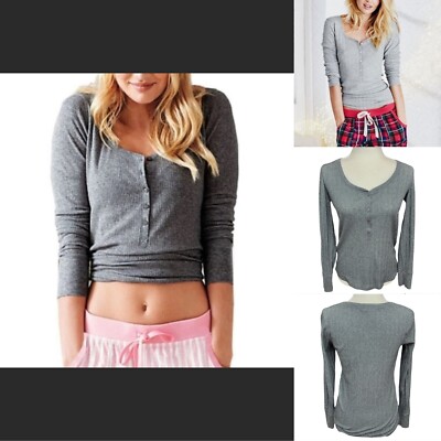 Victoria’s Secret Women’s Long Sleeve Henley PJ Pajama Top Gray Shimmer Size L-image
