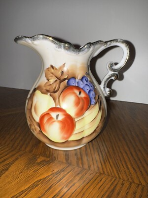Vintage Enesco Imports Japan Porcelain Pitcher Hand Painted Fruit Design-image