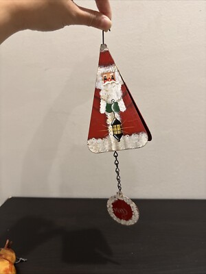 Vintage Hand Painted Signed Metal Wind Chime 3 Sides Santa Ornament Christmas-image