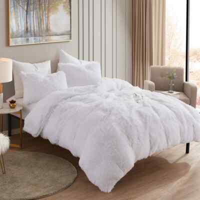 NEW! ~ COZY SUPER SOFT PLUSH MODERN SHAGGY LONG FLUFFY WHITE FUR COMFORTER SET-image