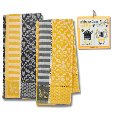 Bee Hive Jacquard Dishtowels & Refrigerator Magnets Set Honey Bee Kitchen Decor-image