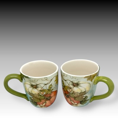 Set/2 Pier 1 GRATEFUL HARVEST Pumpkin Mugs FALL Art Earthenware Green Handle-image