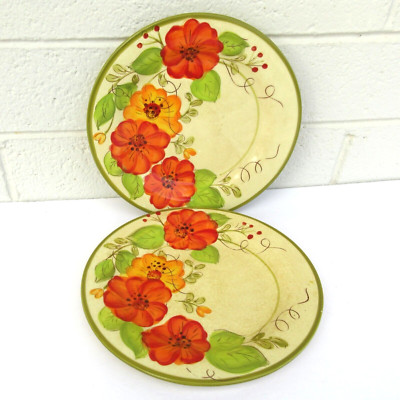2 PIER 1 'OLIVIA' Salad Plates Earthenware Red Orange Flowers Hand-Painted 8.75