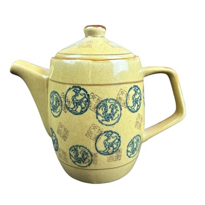 Pier 1 TeaPot  Porcelain Yellow Green Asian Dragon Stamps Design Art Stoneware -image