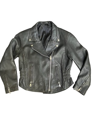 Vintage 90’s Black Leather Moto Jacket Cropped Braid & Silver Details Women’s M-image