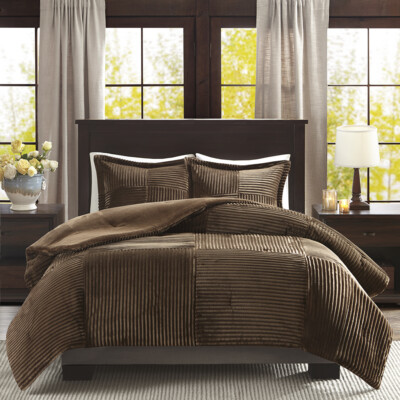 ULTRA SOFT PLUSH LUXURY WARM COZY FUR CHOCOLATE BROWN STRIPE COMFORTER SET-image