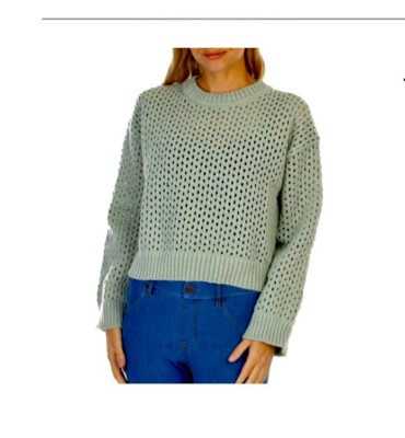 Poof Cuddly Cozy Chic Sz S Light Green Sweater Crochet Style NWT Crew Neck -image