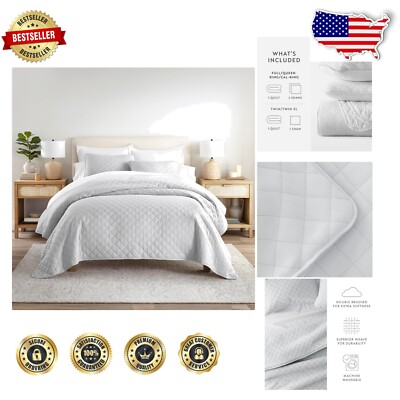 Premium Light Gray Diamond Quilt and Shams - Cozy Floral Elegance for King Beds-image