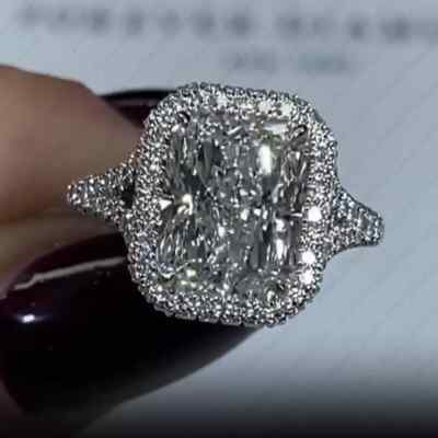 3.85Ctw Radiant Moissanite Split Shank Halo Engagement Ring 14K White Gold Over-image