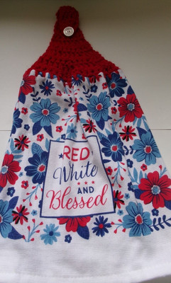 RED Yarn  Crochet Top RED WHITE AND BLESSED Print Cotton Kitchen Dishtowel-image