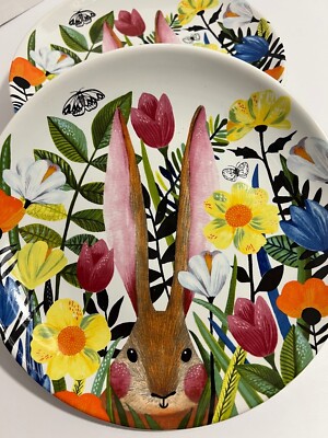 Pier 1 Imports Set/4 Exclusive MOD FLORAL BUNNY Rabbit Porcelain Salad 8