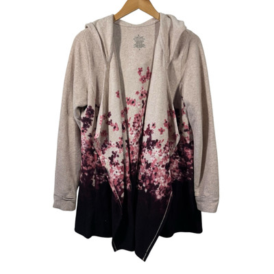 Cuddl Duds Cardigan Women M Cream Purple Floral Longline Cozy Plush Hooded Coat-image