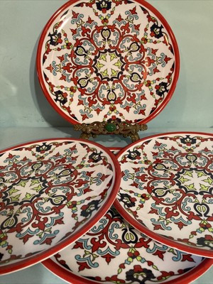 4 Crofton Plastic Indoor Outdoor Plates Dishes 11” Italian Pottery Design Red-image