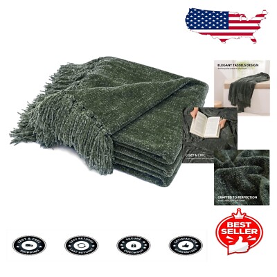 Versatile Dark Green Chenille Blanket with Tassels - Cozy & Stylish 60