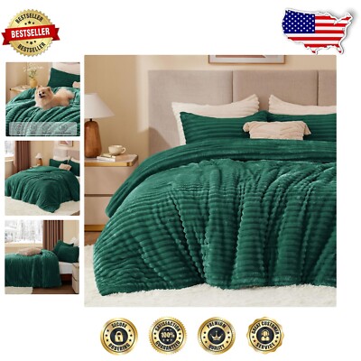 Ultra-Soft Fleece Twin Bed Set - Striped Dark Green Comforter for Cozy Nights-image