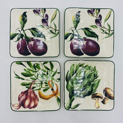 Pier 1 Imports Ironstone Fresco Plates Square Set of 4, Eggplant Mushroom Garlic-image