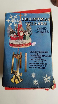 Vintage SANTA Claus Christmas Village figurine WIND CHIMES Peace on Earth Church-image