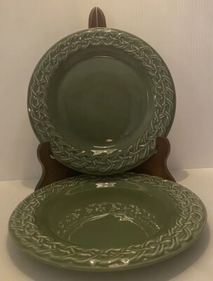 Lot Of 2 Pier 1 Salad Plates 8.75” Shades Of Sage Green Woven Braided Edge-image
