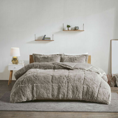 ~ COZY BEAUTIFUL ULTRA SOFT PLUSH GREY LONG FUR WARM LUXURIOUS COMFORTER SET NEW-image