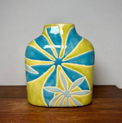 Pier 1 Imports Retro Vase Turquoise Lime Flowers Abstract Design 6.75 Inches.-image