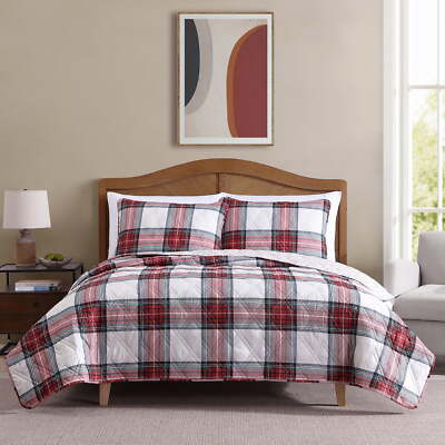 Mainstays 3-Piece Adult Quilt Set, Red Tartain Plaid, Full,Queen-image