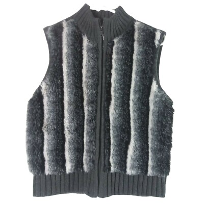 Nina Leonard Womens Faux Fur Vest Sleeveless Acrylic Wool Blend Ribbed Gray Sm-image