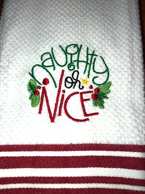  Embroidered Striped Kitchen Hand Towel  Naughty or Nice Christmas Theme BS2621-image