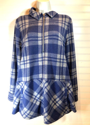 Soft Surroundings SUPER SOFT 1/4 Zip Cozy Blue Plaid Tunic Petite Medium-image