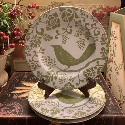(3) Pier 1 Imports~Green/White Bird Themed~8.25” Salad Plates~FREE SHIPPING 💚-image