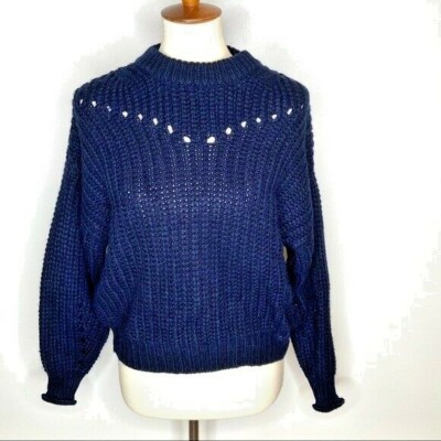 Elodie Womens Sz XS Navy Blue Open Stitch Chunky Pullover Sweater Boxy Cozy NWOT-image
