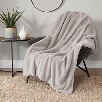 Solid Rabbit Mink Faux Fur Throw Blanket, Grey Plush Faux Fur Blanket for Sofa o-image