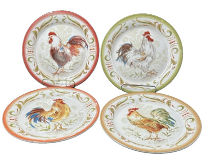 Pier 1 Imports Ironstone Rooster Dessert Salad Plates Set of 4 Colors Patterns-image