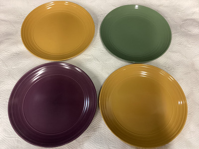 Set Of 4 Pier 1 Essential Colours  10.75” Dinner Plates, Gold, Plum, Avocado-image