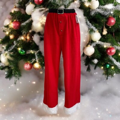 Secret Santa Red Plush Christmas Pants Faux Belt M Holiday Festive Party Cozy-image