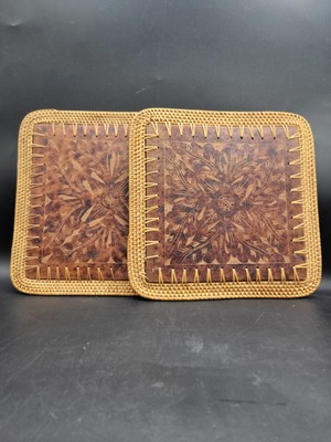 2- Pier 1 Imports Terracotta & Rattan Hot Plate Trivets  Pottery Hibiscus Square-image