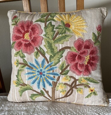 Pier 1 Imports Throw Pillow Embroidered W Beading Stripes Floral design 18”x18”-image