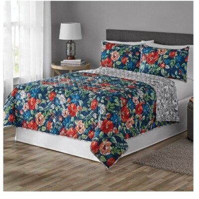 Mainstays Floral Red/Blue Floral Polyester Quilt Full/Queen Reversible Red/Blue-image