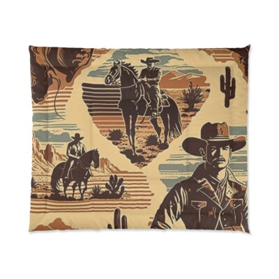 King Size Comforter Retro Western Movie Pattern Cowboy Rodeo Desert Cactus Cool-image