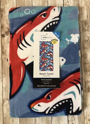 New Beach Towel Shark Print Kids Boy Girl Blue Red Pool 28x60 Soft and Absorbent-image