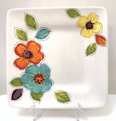 Pier 1 Brittany Square Earthenware Dinner Plate 10.5” Platter Painted Flowers-image