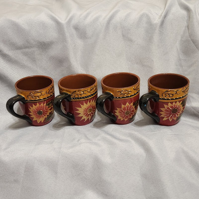Pier 1 Imports Mugs Sunflower Terracotta Hand Painted Textured Set of 4-image
