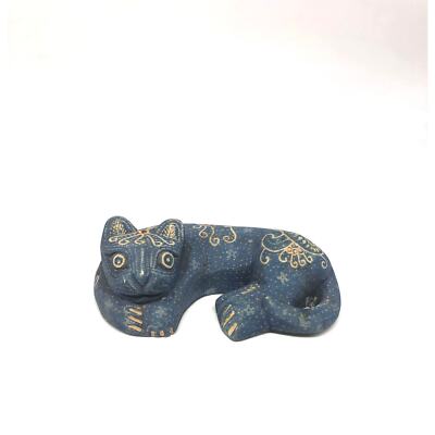 Beautiful Discontinued Pier 1 Blue Wooden Handpainted Sleeping Cat With Designs-image