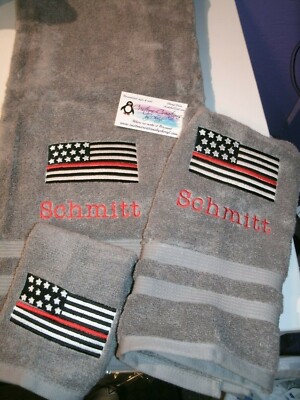 Fireman Red Thin Line Flag Firefighter Personalized 3 Piece Bath Towel Set Gift-image