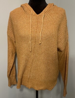 Cynthia Rowley Hooded Sweater Women’s Large Gold Waffle Knit Cozy Comfort Casual-image