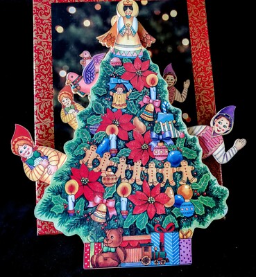 Vintage 80's Wooden Stand Up Wind Up MUSIACAL TREE with Moving ORNAMENTS NEW-image