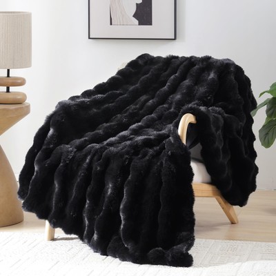 Faux Fur Throw Blanket for Couch – Black Fluffy Cozy Rabbit Fleece, Plush Sof...-image
