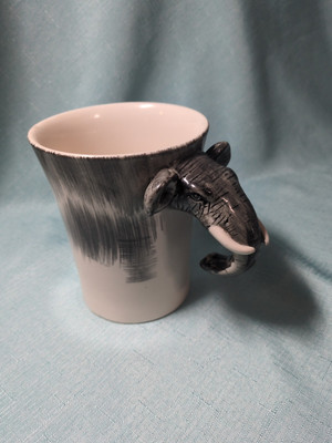 Pier 1 One Imports 3D Elephant Head Trunk Handle Coffee Mug Cup 16 oz Gray White-image
